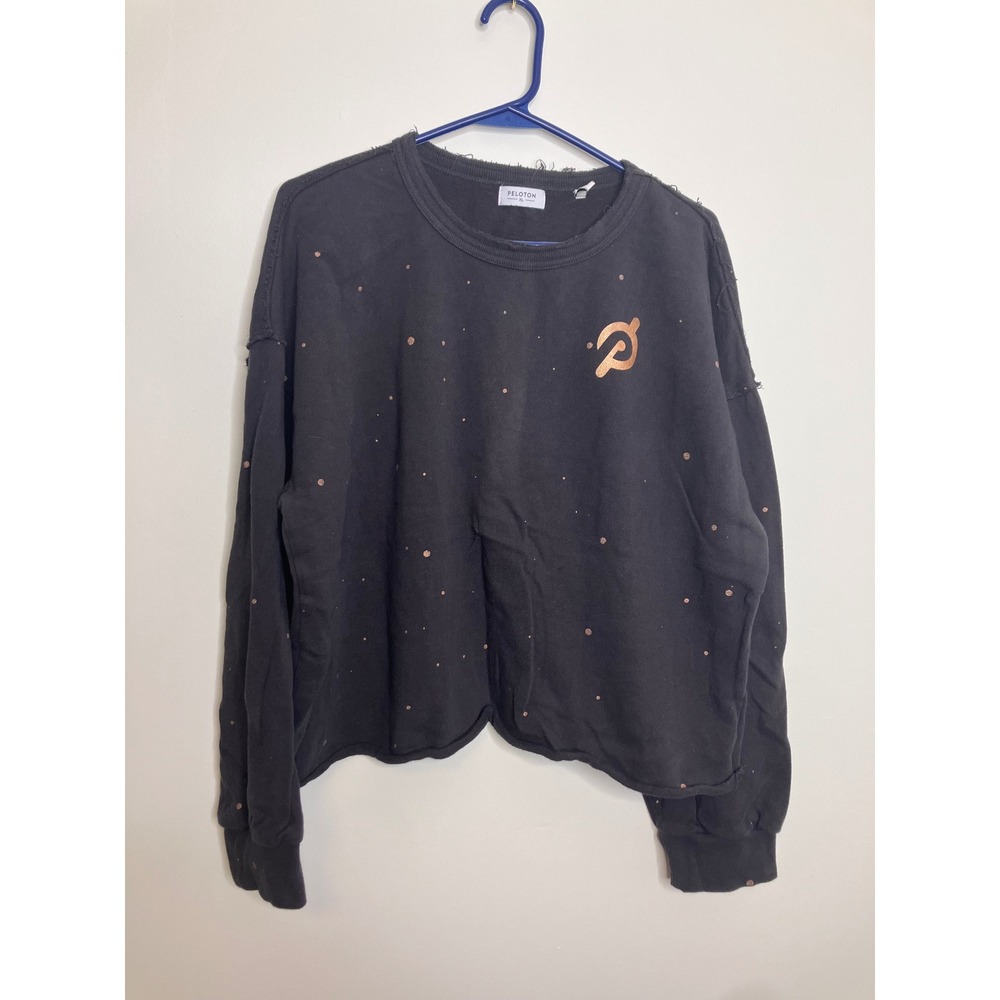 Peloton Sweatshirt Womens XL Black Excellent Distressed Rose Gold Logo Cropped